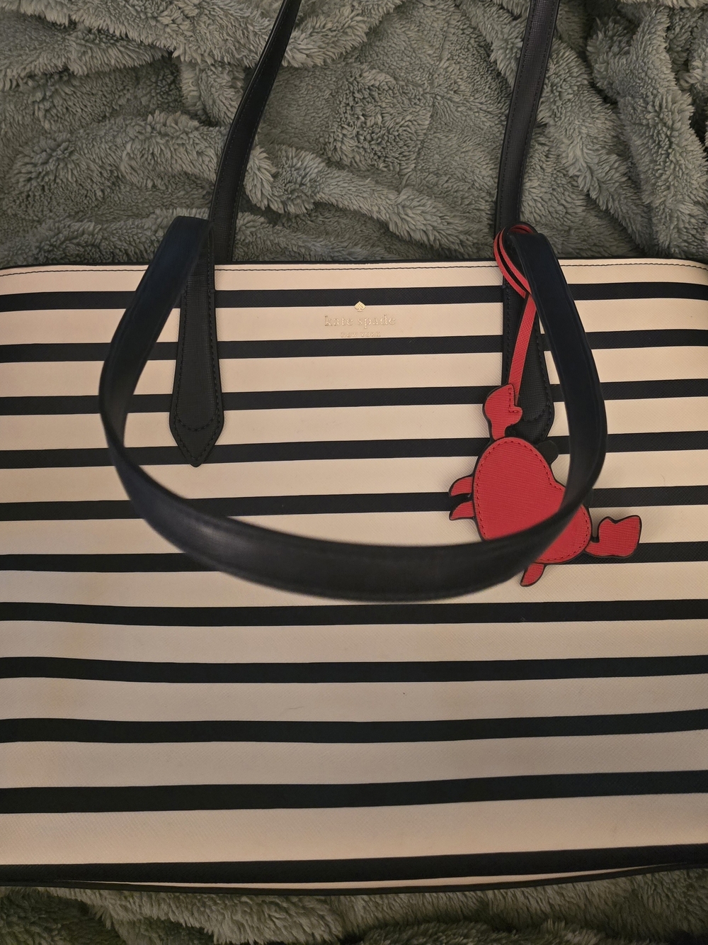 kate spade Black & White Striped Tote with Red Crab Charm